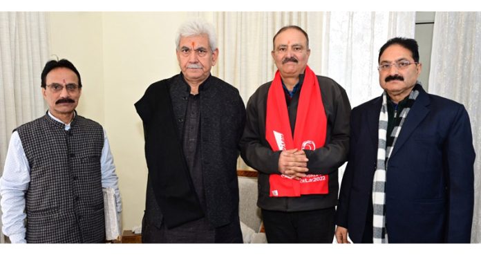 LG Manoj Sinha posing for a group photograph with delegation of Martand Trust Mattan on Saturday. LG Manoj Sinha posing for a group photograph with delegation of Martand Trust Mattan on Saturday.