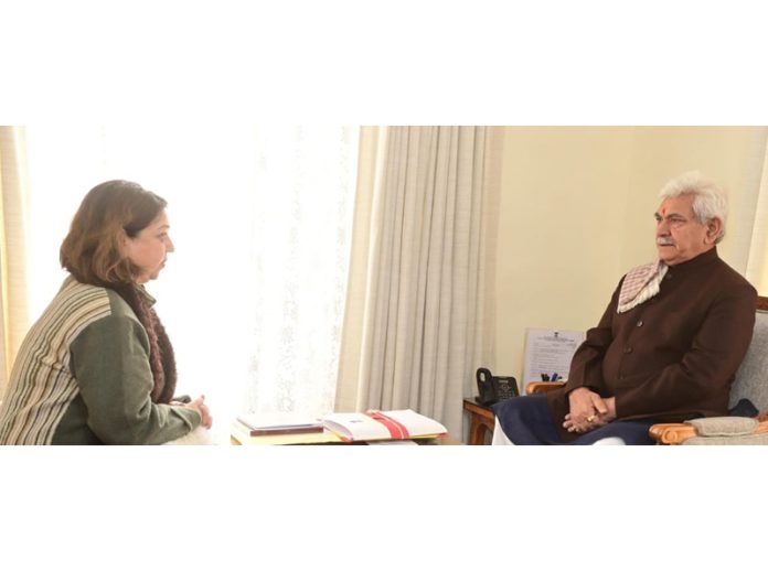 Anuradha Rishi, President Master Sansar Chand Baru Memorial Charitable Trust meeting with LG Manoj Sinha.