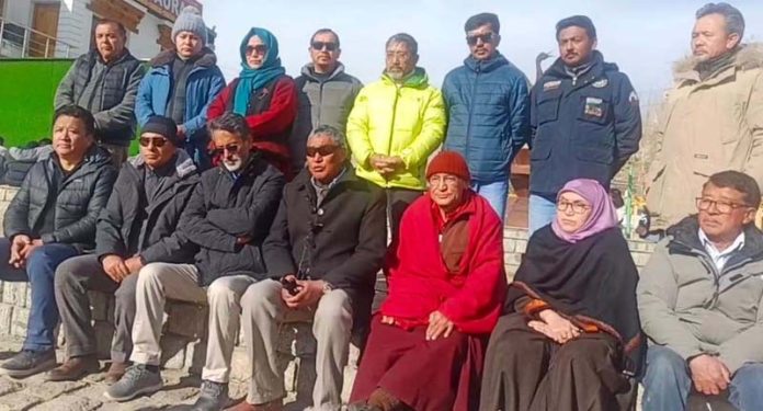 Tsering Lakrok addressing media persons in Leh on Sunday.