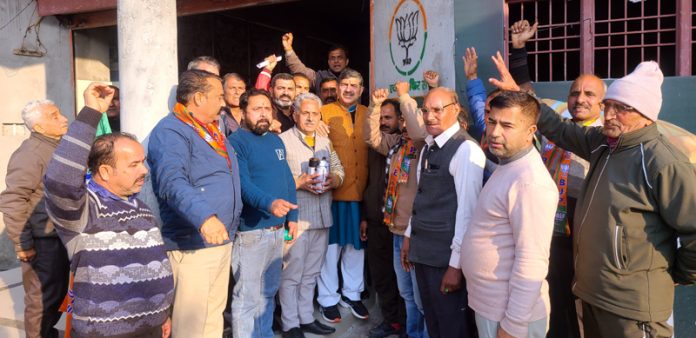 MP Jugal Kishore Sharma with party men at Jhajart Kotli on Wednesday.