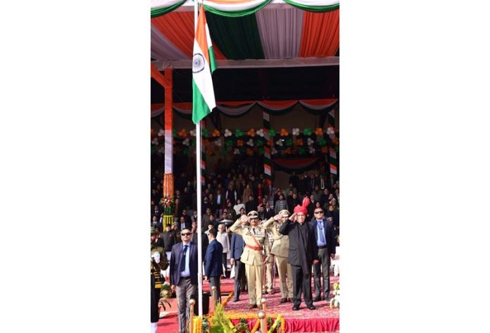 LG Manoj Sinha takes salute after unfurling tricolor at MA Stadium.
