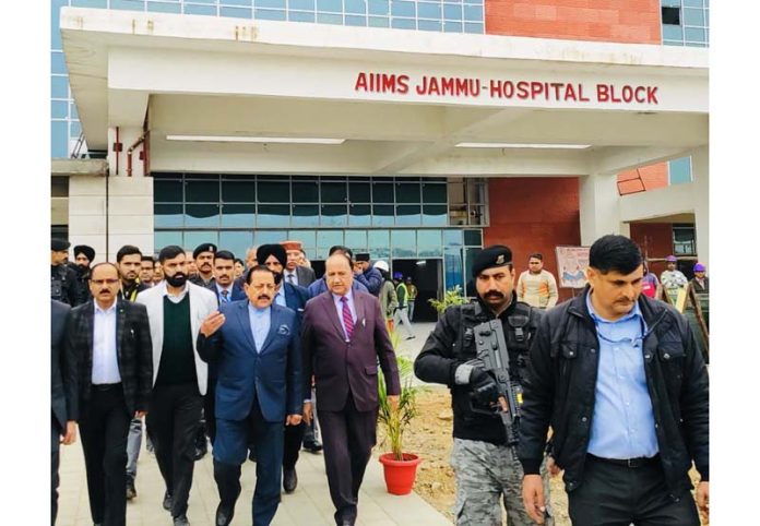 Union Minister Dr Jitendra Singh inspecting AIIMS works at Vijaypur on Monday. Union Minister Dr Jitendra Singh inspecting AIIMS works at Vijaypur on Monday.