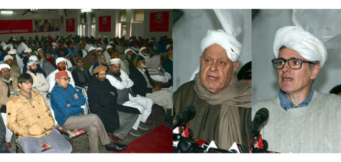 NC leaders Dr Farooq Abdullah and Omar Abdullah at Gujjar-Bakerwal conference in Jammu on Wednesday. -Excelsior/Rakesh