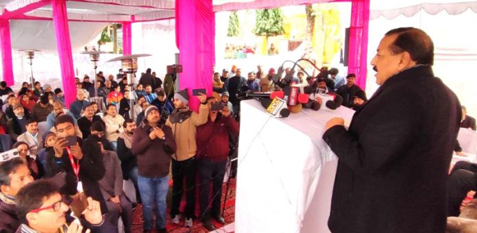 Union Minister Dr Jitendra Singh addressing a function at Swami Vivekananda Medical Mission Charitable Hospital  Ambphalla, Jammu on Friday.
