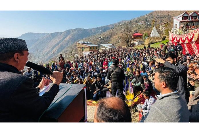 DPAP Chairman Ghulam Nabi Azad addressing a public meeting at Rajgarh in Ramban on Tuesday.