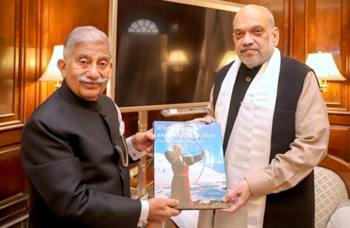 LG Ladakh Brig (Retd) B D Mishra with Union Home Minister Amit Shah in New Delhi on Wednesday.