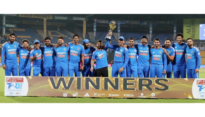 India team posing with trophy after defeating Afghanistan 3-0 in T20 series.