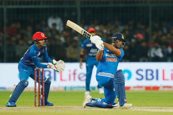 Shivam Dube playing a shot during a match against Afghanistan at Indore on Sunday.