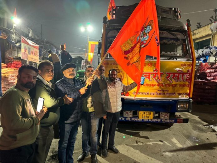 J&K BJP Vice-President Yudhvir Sethi flagging off a truck carrying ration to Ayodhya from Jammu on Saturday. J&K BJP Vice-President Yudhvir Sethi flagging off a truck carrying ration to Ayodhya from Jammu on Saturday.