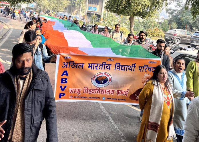ABVP activists taking out ‘Bharat Gaurav Yatra’ at JU campus in Thursday.