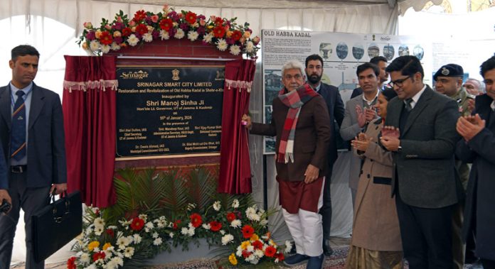 LG Manoj Sinha laying foundation stone of Jhelum Riverfront Phase II. —Excelsior/Shakeel LG Manoj Sinha laying foundation stone of Jhelum Riverfront Phase II. —Excelsior/Shakeel