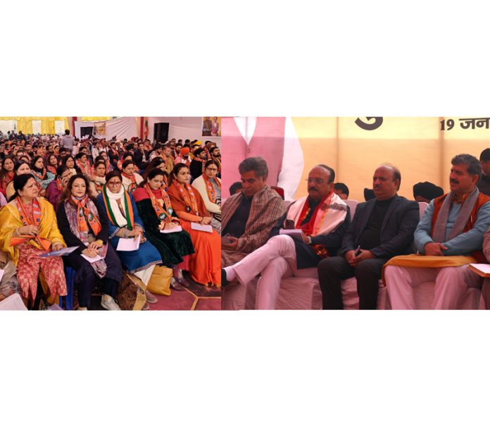 BJP leaders at all Morcha meeting in Jammu on Friday. -Excelsior/Rakesh