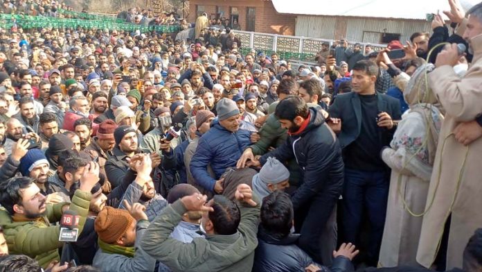 PDP workers assembled at Bijbehara in Anantnag district to pay homage to party founder and former Chief Minister Mufti Mohammad Sayeed. -Excelsior/Sajad Dar