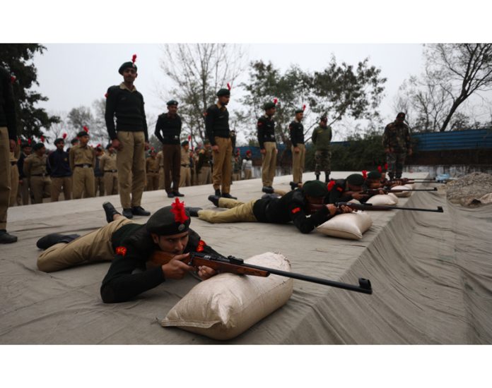 Major General R.K Sachdeva, ADG NCC inspects NCC training at Nagrota on Tuesday.
