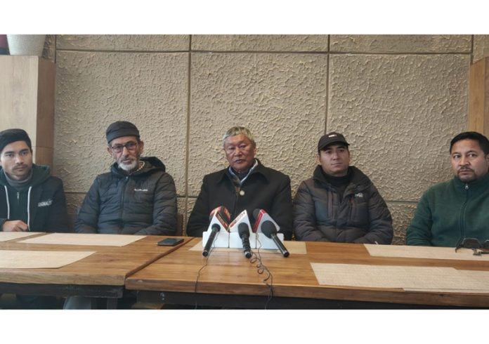 Chering Dorjey talking to media persons at Leh on Monday.