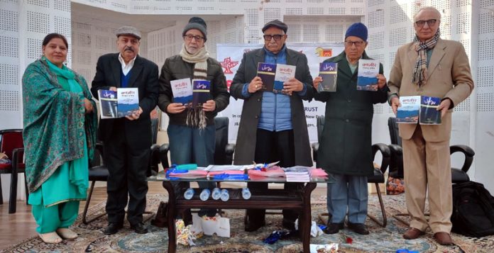 Vijay Bakaya, ex CS and scholars including Dr R L Shant, Roop Krishan Bhat among others releasing a book at Jammu on Tuesday.