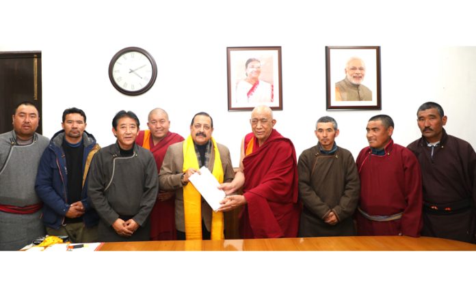 Ladakh delegation led by LAHDC-Kargil Councillor, Stanzin Lakpa handing over a memorandum to Union Minister, Dr Jitendra Singh at New Delhi on Monday.