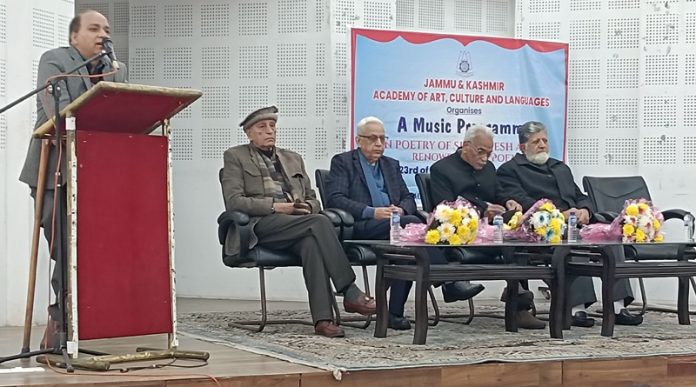 A speaker addresses the audience during a book release function in Jammu on Tuesday.