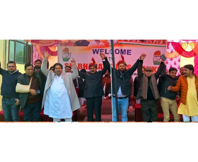 Senior AICC leader Bharat Singh Solanki, JKPCC chief Vikar Rasool Wani and others during party workers’ meeting at Majalta in Udhampur on Friday.