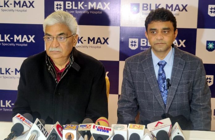 HoD of BLK-Max Heart & Vascular Institute, Dr TS Kler along with one of his associates addressing media persons on the launch of Cardiology OPD services in Jammu.