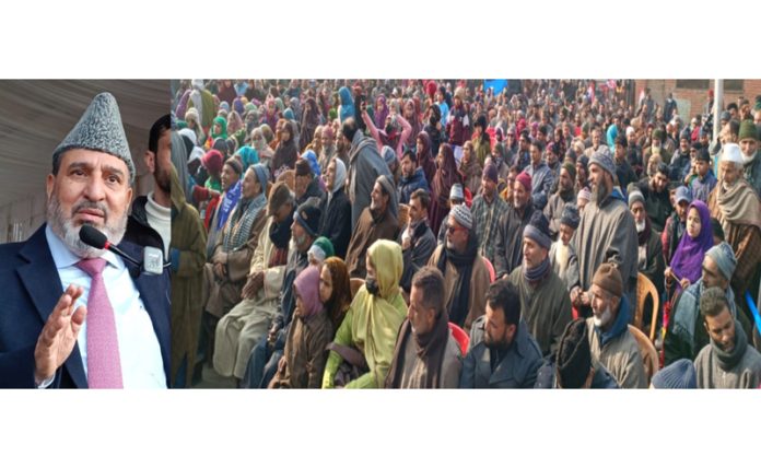 Apni Party president Altaf Bukhari addressing public meeting in Tangmarg.