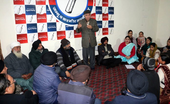 Apni Party’s senior leader, G H Mir addressing party meeting in Jammu on Thursday.