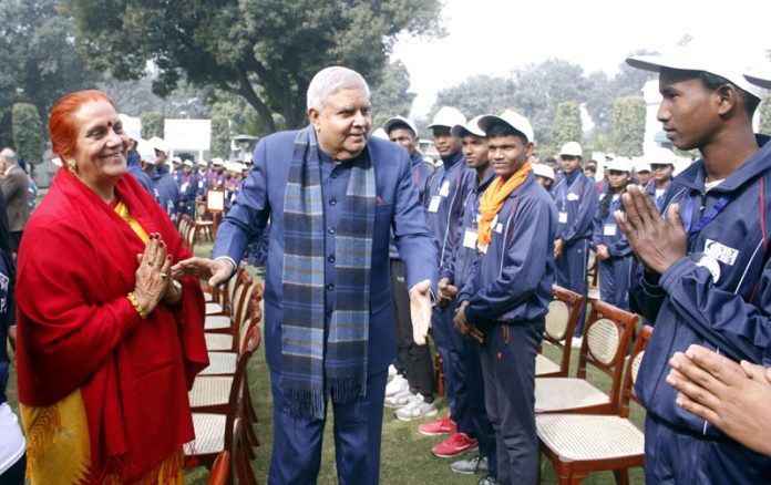 Vice-President and Chairman Rajya Sabha Jagdeep Dhankhar interacting with the delegation of tribal youth participating in Tribal Youth Exchange Programme (TYEP) at Vice-President Residence, in New Delhi on Thursday. (UNI) Vice-President and Chairman Rajya Sabha Jagdeep Dhankhar interacting with the delegation of tribal youth participating in Tribal Youth Exchange Programme (TYEP) at Vice-President Residence, in New Delhi on Thursday. (UNI)
