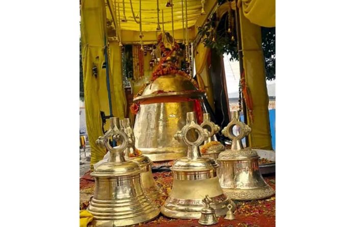 A giant bell, weighing 2,100-kg, offered by a delegation of people from Etah for installation at Shri Ram Janambhoomi Temple in Ayodhya.