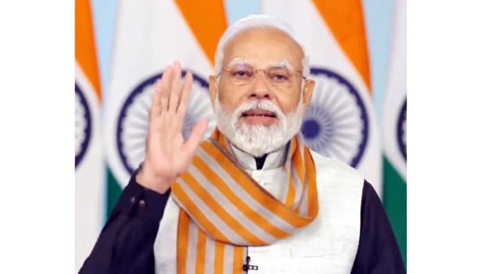 Prime Minister Narendra Modi addressing via video conference the birth centenary celebrations of Aai Shree Sonal Ma at Junagadh on Saturday. (UNI)