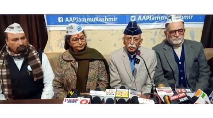Senior AAP leaders addressing a joint press conference in Jammu on Tuesday. -Excelsior/ Rakesh