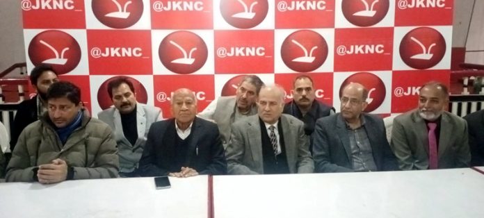 NC Member Parliament Hasnain Masoodi along with other leaders during a meeting of the party's legal cell in Jammu on Sunday.