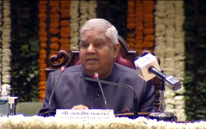 Vice President Jagdeep Dhankhar addressing a training programme organised for the members of the 16th Rajasthan Assembly on Tuesday.