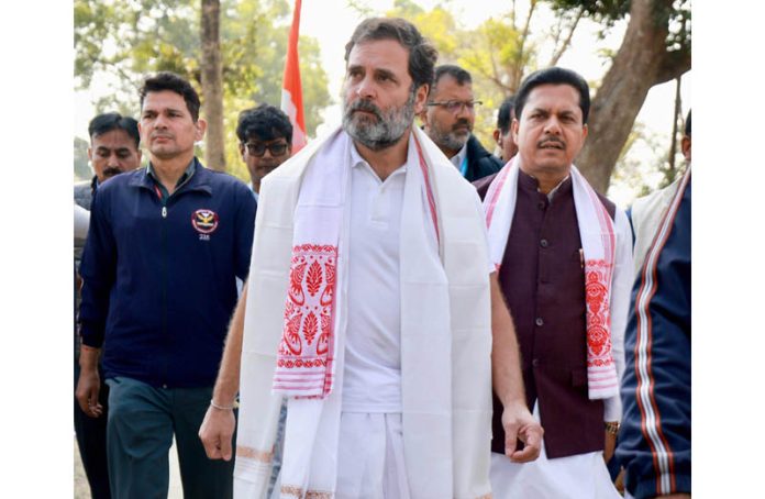 Congress leader Rahul Gandhi visiting Sri Sri Auniati Satra to offer prayers during the Bharat Jodo Nyay Yatra, in Majuli on Friday. (UNI)