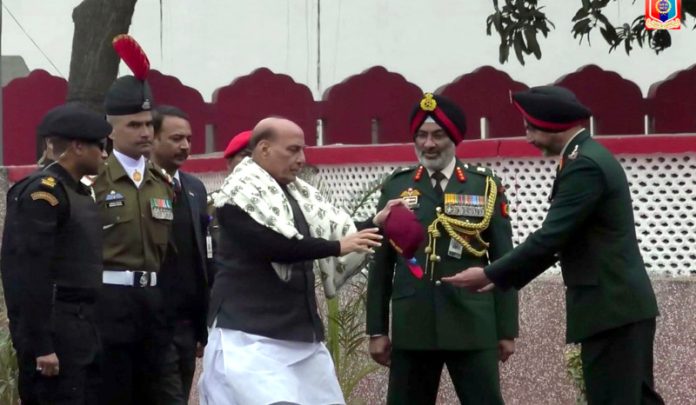Defence Minister Rajnath Singh with NCC DG Lt. General Gurbirpal Singh at NCC Republic Day Parade 2024 camp, at Delhi Cantt, in New Delhi on Saturday. (UNI) Defence Minister Rajnath Singh with NCC DG Lt. General Gurbirpal Singh at NCC Republic Day Parade 2024 camp, at Delhi Cantt, in New Delhi on Saturday. (UNI)