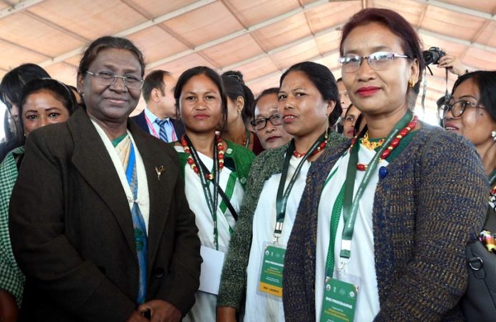 President Droupadi Murmu interacting with the members of Self Help Groups at Baljek Airport, Tura, Meghalaya on Tuesday. (UNI)