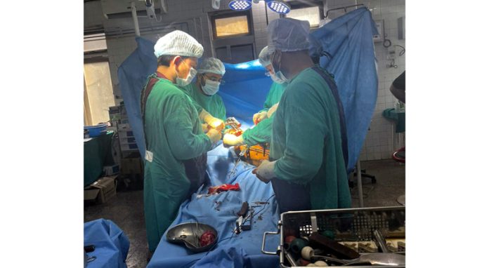 Total hip replacement surgery being performed in GMC Udhampur on Friday.