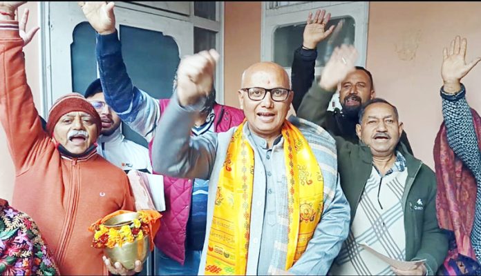 Former Mayor, Rajinder Sharma leading Kalash Yatra at New Plot on Friday.