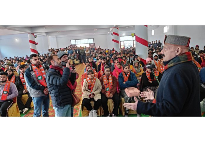 Senior BJP leader Devender Singh Rana speaking during the Namo Navmatdata Sammelan.