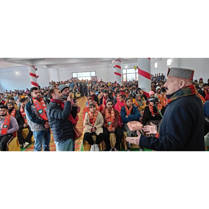 Senior BJP leader Devender Singh Rana speaking during the Namo Navmatdata Sammelan.