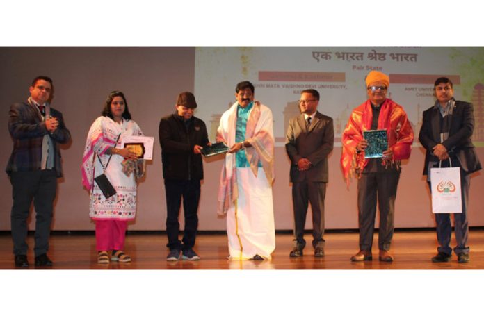 AMET students being felicitated at SMVDU on conclusion of exchange programme.