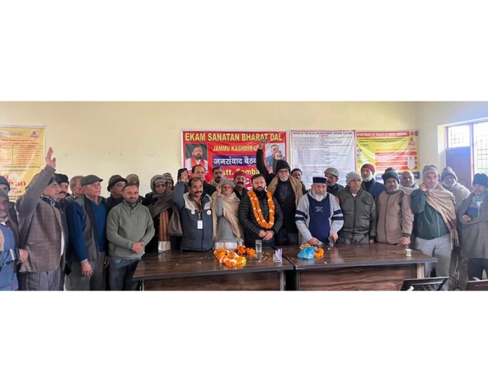 Advocate Ankur Sharma and other ESBD office bearers during a party meeting at Ghagwal on Sunday.