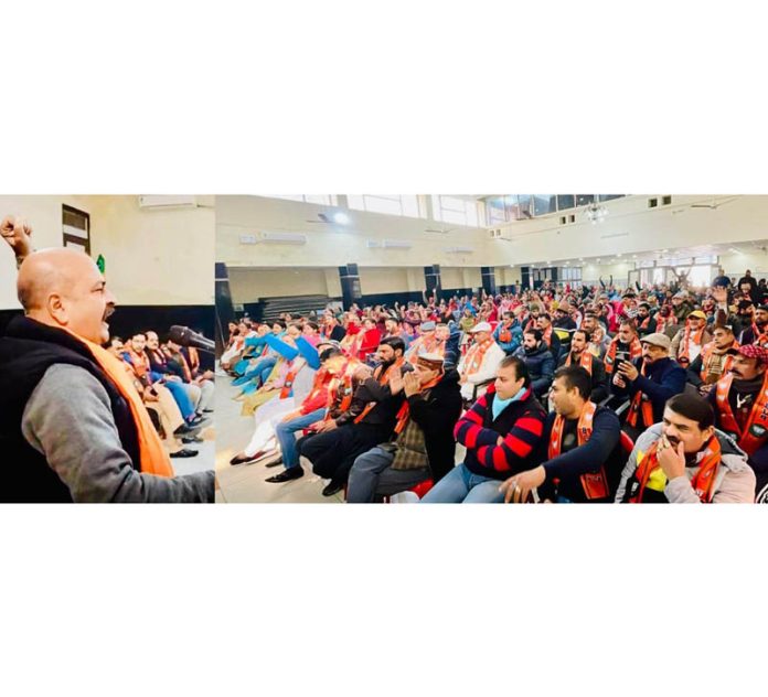 Yudhvir Sethi addressing party workers in Jammu East Assembly Constituency on Friday.