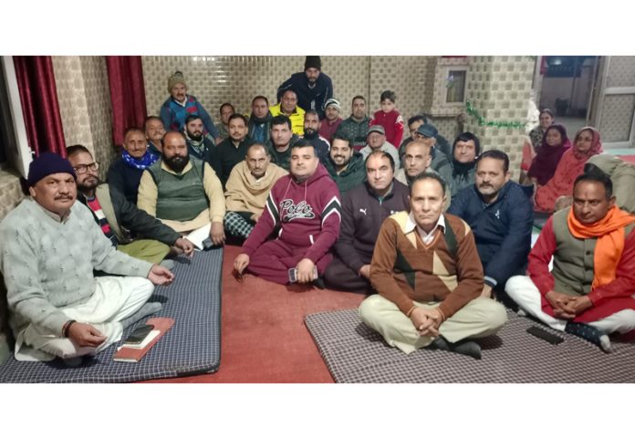 Members of the newly formed Management Committee for Durga Mandir Railway Line Gagian in R.S Pura during a meeting on Monday.