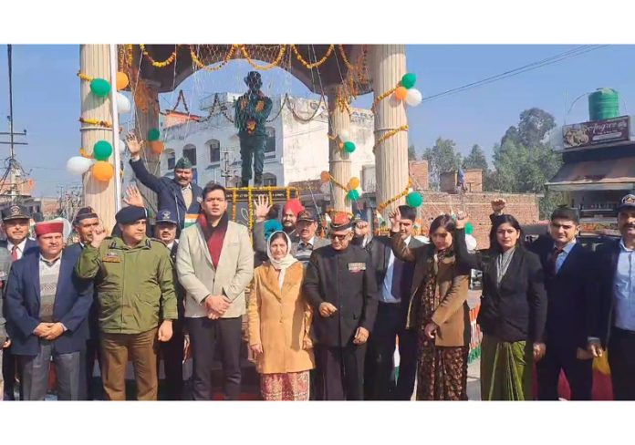 Dr Rakesh Minhas, DC Kathua along with others during a function organised to pay tribute to Martyr Capt Sunil Choudhary on Saturday.
