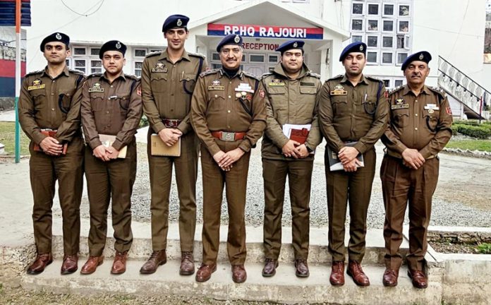 DIG RP Range, Dr M Haseeb Mughal posing with newly posted DySPs during an introductory meeting held in Rajouri on Tuesday.