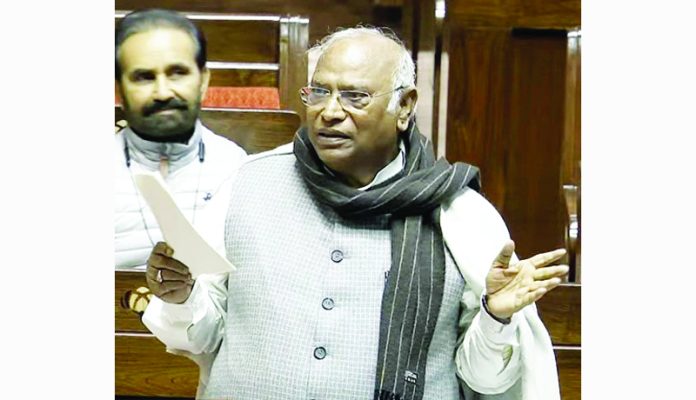 Congress President and LoP Rajya Sabha Mallikarjun Kharge speaks in the Rajya Sabha during the Budget session of Parliament, in New Delhi on Thursday. (tv grab) (UNI)