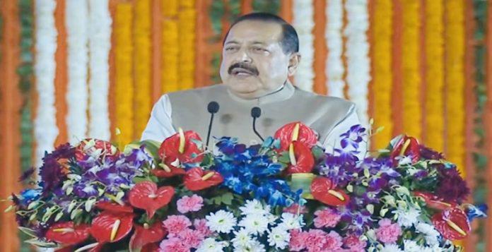 Union Minister Dr Jitendra Singh speaking at PM's rally at MA Stadium, Jammu on Tuesday. -Excelsior/Rakesh