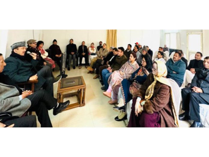 DPAP Chairman Ghulam Nabi Azad during meeting with party leaders in Jammu on Sunday.