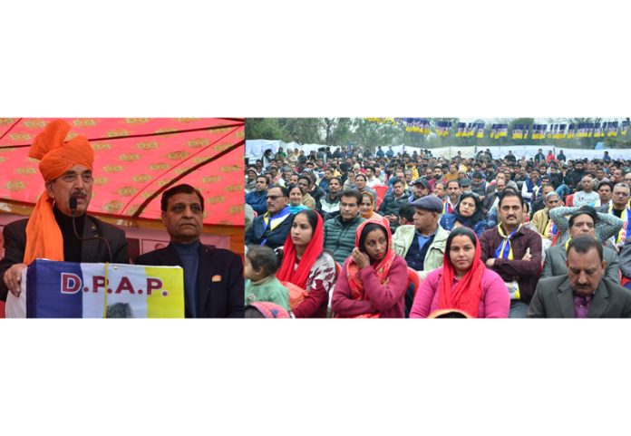 Former CM & DPAP chairman Ghulam Nabi Azad addressing public meeting at Paloura in Jammu on Sunday.