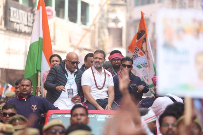 Congress leader Rahul Gandhi with party leader Ajai Rai during the Bharat Jodo Nyay Yatra, in Varanasi on Saturday. (UNI)